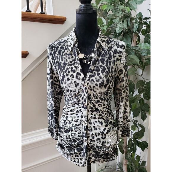 Essentials Women Black White Snake Print Polyester Button Front Top Shirt Small - Picture 12 of 12